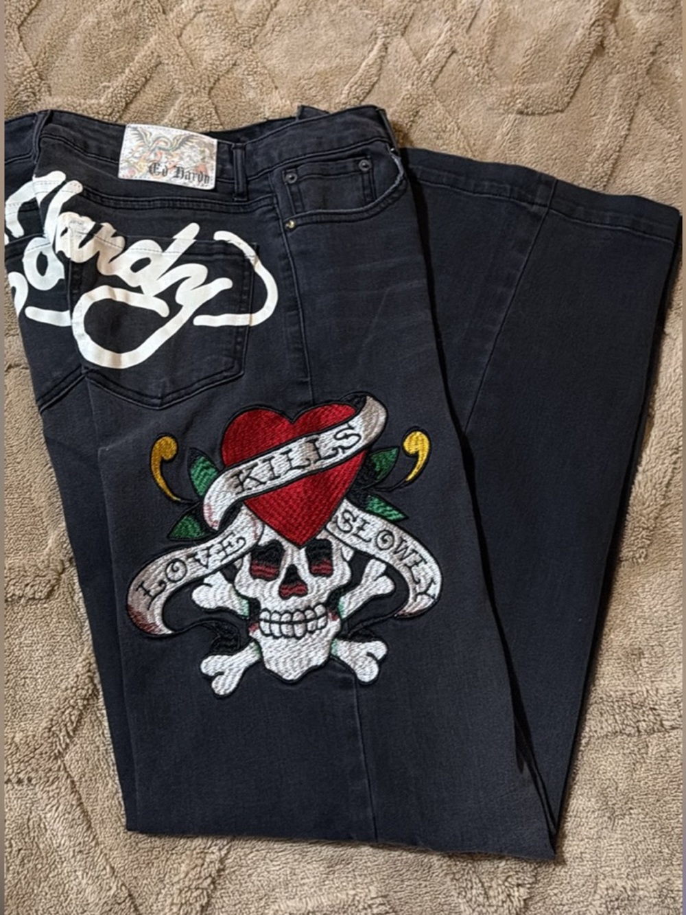 Ed Hardy Black Boot Cut Jeans with Red Heart & Skull Patch
